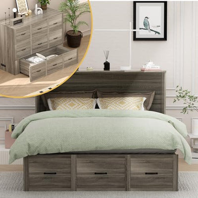 NEBZHASK Full Size Murphy Bed with Charging Station and Drawer Farmhouse Cabinet Bed Wood Space-Saving Hidden Folding Platform Bed Chest for Home Office Bedroom Guest Room Apartment,Gery