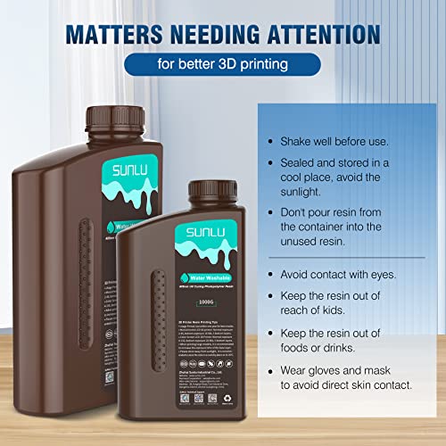 SUNLU Water Washable 3D Printer Resin, 1kg Fast Curing 3D Resin for 2K 4K 8K LCD DLP SLA Resin 3D Printer, 395-405nm UV Curing 3D Printing Photopolymer Resin 1000g, Low Shrinkage High Precision, White