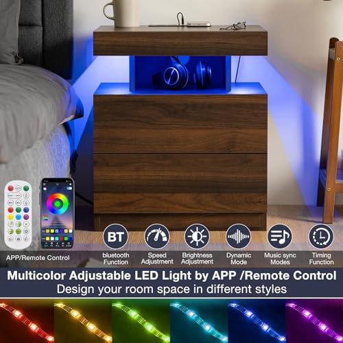 HOMMPA LED Nightstand with Wireless Charging Station & USB Ports High Gloss Bedside Table with LED Light RGB Adjustable Brightness Smart Nightstand 2 Drawers Night Stand for Bedroom Walnut HOMMPA