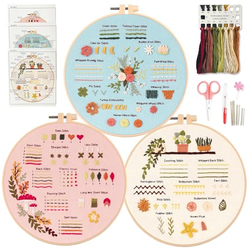 Myfilicity Embroidery Beginners Stitch Practice kit, 3 Embroidery Starter Kits, Learn 30 Different Stitching Techniques for Craft Enthusiasts to Hand-Stitch Fabric and Learn Embroidery Skills…