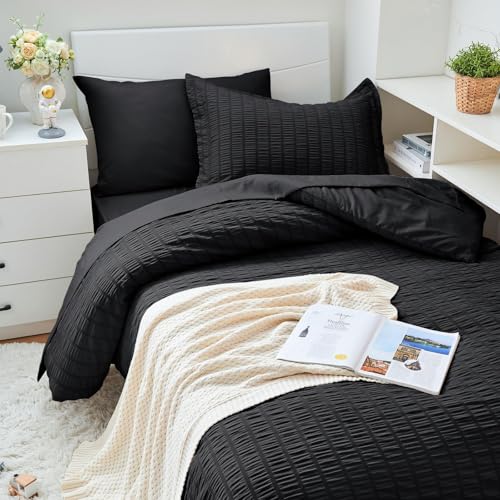HYMOKEGE Black Twin XL Comforter Set Seersucker 5 Pieces, All Season Luxury Bed in a Bag for Bedroom, Bedding Set with Comforters, Sheets, Pillowcase & Sham HYMOKEGE