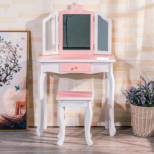 GAOMON Kids Vanity, Girls Vanity Table with Tri-Folding Mirror,Stool & Drawer, 2 in 1 Wooden Princess Makeup Desk Dressing Table, Toddler GAOMON
