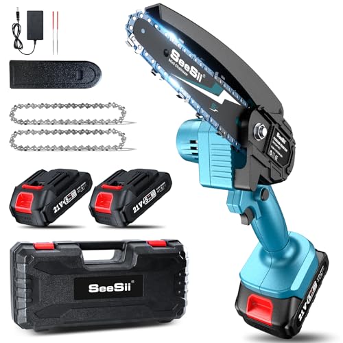 Seesii Mini Chainsaw Cordless 6-inch, Handheld Electric Power Chain Saw with 2 Batteries, for Tree Trimming Wood Cutting, Best Gifts for Dad, Husband Seesii