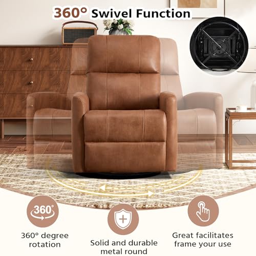 HAOMARKETS Swivel Rocker Recliner Chair, Manual Faux Leather Glider Rocking Recliners for Adults, 360° Swivel Nursery Reclining Sofa with Padded Backrest for Living Room, Dark Brown