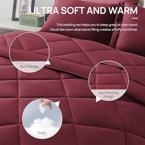 Love's cabin Full Comforter Set Burgundy, 7 Pieces Full Bed in a Bag, All Season Bedding Sets with 1 Comforter, 1 Flat Sheet, 1 Fitted Sheet, 2 Pillowcase and 2 Pillow Sham Love's cabin