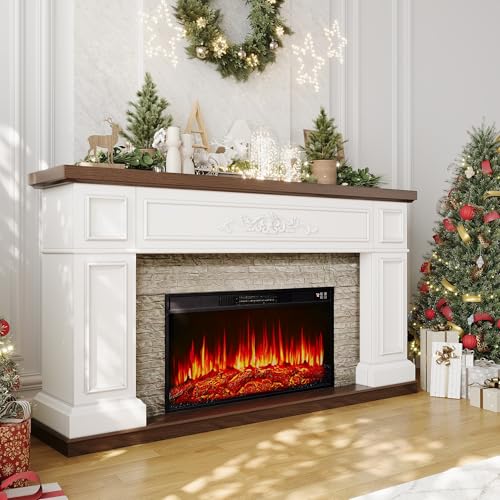 BLANKSPACE 60" Landscape Electric Fireplace with Mantel, Solid Wood Modern Entertainment Center TV Stand, Replaceable 30" Fireplace Insert Heater, for Living Room, Bedroom BLANKSPACE