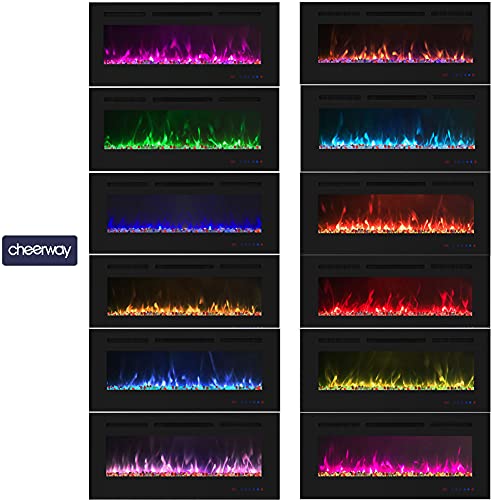 Cheerway 42 inch Electric Fireplace with Heater, Wall Mounted & Recessed Electric Fireplace Insert, Linear Wall Fireplace w/Thermostat, 13×13 Flame Color, Remote & Touch Control w/Timer, 750W/1500W Cheerway