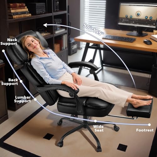 400lbs Executive Office Chair with Foot Rest for Heavy People, Ergonomic Big and Tall Desk Chair with Adjustable Headrest, High Back PU Leather Comfy Heavy Duty Computer Chair with Spring Cushion WAILOR