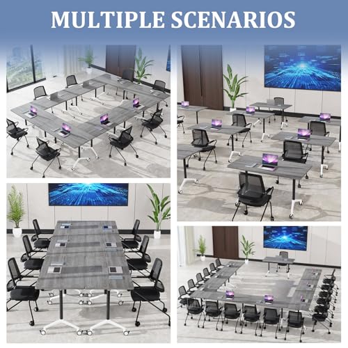 Ptosziav Folding Conference Table,Modular Foldable Conference Room Tables with Wheels for 4-12,Large Small Meeting Table Mobile Training Office Table for Classroom School (4, Grey, 55") Ptosziav