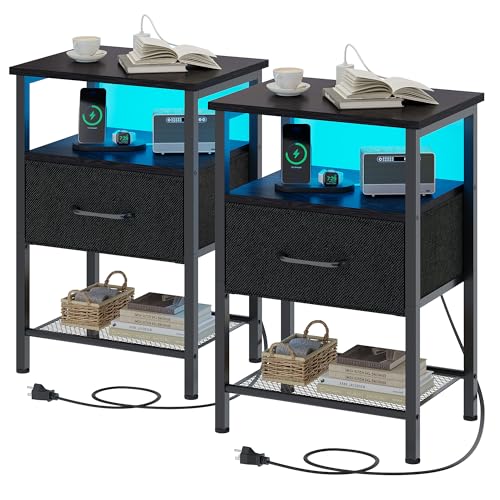 TRIFEBLE Night Stand Set 2, End Table with Charging Station, LED Bedside Table with Fabric Drawer for Bedroom, 3-Tier Side Table with Open Shelf, Black TRIFEBLE