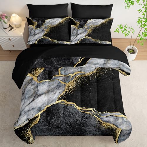 Nttopship 7 Pieces Black Gold Gray Marble Comforter Set King Size,Marble Minimalist Wind Design Bedding Quilt Set 7PCS Bed in A Bag,Bed Sheet Set All Season Lightweight Soft Microfiber Nttopship