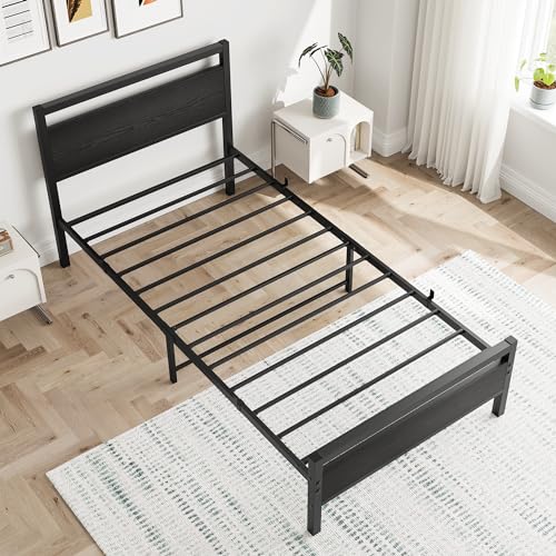 HOJINLINERO Black Twin Bed Frame with Wood Headboard,Metal Single Platform Bed Frame Twin Size No Box Spring Needed,Heavy Duty Metal Slats Support,Mattress Base,Noise Free,Easy Assembly,Black HOJINLINERO