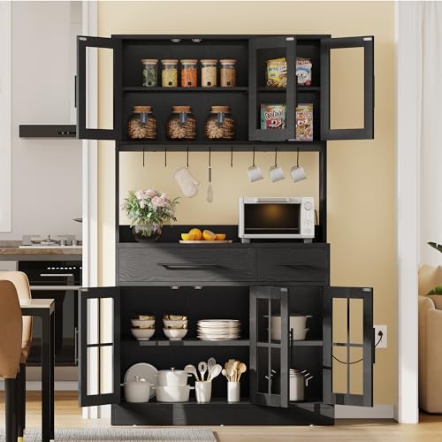 YITAHOME 71'' Kitchen Pantry Storage Cabinet with Microwave Stand, Tall Freestanding Hutch Cabinet with Power Outlet, Pantry Cabinet with Buffet Cupboard, Drawers and Acrylic Doors for Home, Black YITAHOME
