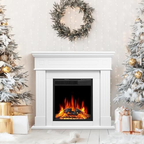 43. 39" Fireplace TV Stand with Mantel - Electric Fireplace Heater, Wooden Entertainment Center, Adjustable LED Flame, Freestanding (750W/1500W),Pearl White ZAFRO