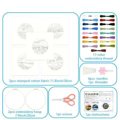 ACRNIGHEET 5 Pack Embroidery Kit for Beginners Adults, Stamped Cross Stitch Kits, Hand Embroidery Starter Kit Including 5 Stamped Embroidery Cloth, Colorful Threads, Hoop, Instruction, Gift Idea
