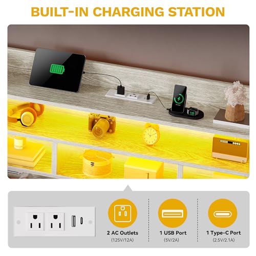 DWVO King Size Bed Frame with RGB LED Lights & Storage Bookcase Headboard, Upholstered Bed with Charging Station and 4 Drawers, No Box Spring Needed, Easy Assembly, Noise-Free, PU Leather White DWVO