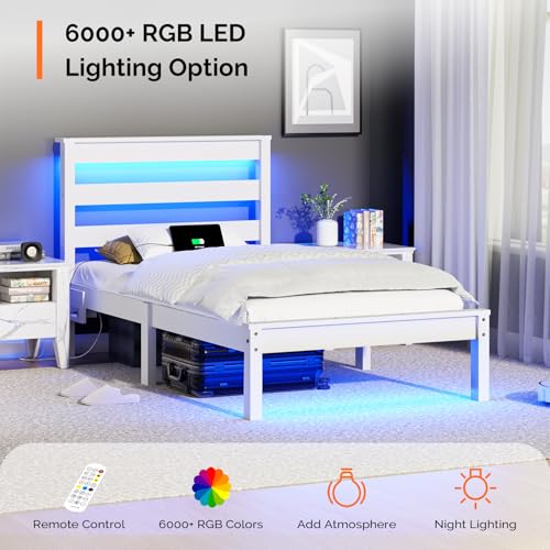 VINGLI Solid Wood Twin Bed Frame with LED Lights & USB Charging, Platform Bed with Storage Headboard Shelf, No Box Spring Needed, Noise-Free, Easy Assembly,White VINGLI