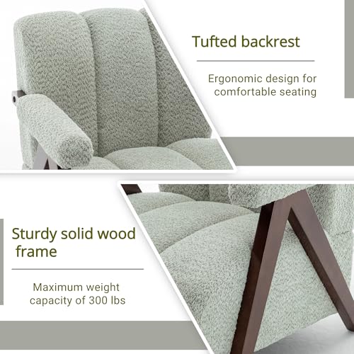DRKAT Mid Century Modern Accent Chair with Solid Wood Frame, Boucle Upholstered Living Room Chairs with Thick Cushion, Comfy Tufted Arm Chair for Bedroom, Sage DRKAT