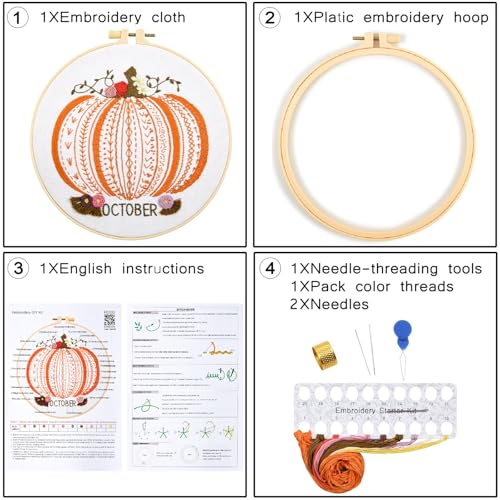 Easy Beginners Embroidery Stitches Practice Kits for Adults, Fall Pumpkin Embroidery Starters Kits for Beginners to Learn 26 Stitches, Autumn Hand Embroidery Set Craft for Women & Video Tutorial