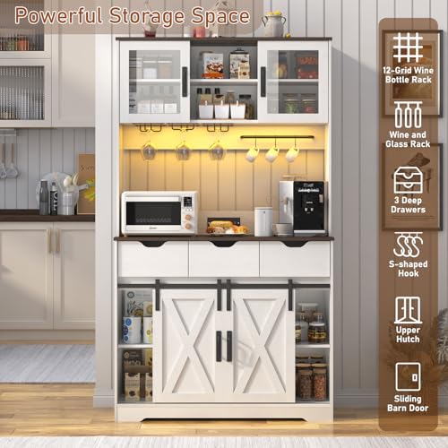 72" Farmhouse Bar Cabinet w/ 60000-color LED Lights,Outlet,Sliding Barn Door,Large Coffee Bar w/Hutch,Wine & Glasses Rack,4 Drawers,12 Shelves,Kitchen Buffet Sideboard for Kitchen,Dining Room chartustriable