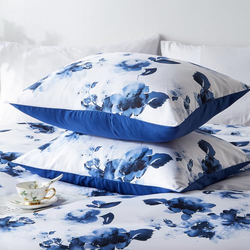 Cupocupa Queen Duvet Cover Set - 3pc Blue Floral Art Deco Bedding - Soft Botanical Print Polyester Duvet Cover with 2 Pillowcases - All Season Reversible Comforter Cover (Queen, Blue Floral) Cupocupa