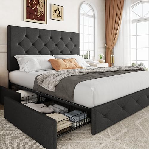 Allewie Upholstered Full Size Platform Bed Frame with 4 Storage Drawers and Headboard, Diamond Stitched Button Tufted, Mattress Foundation with Wooden Slats Support, No Box Spring Needed, Dark Grey Allewie