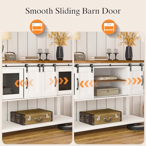 Farmhouse Coffee Bar Cabinet with Sliding Barn Doors and Storage - 47'' White Coffee Table with Open Shelf for Living Room 4ever2buy