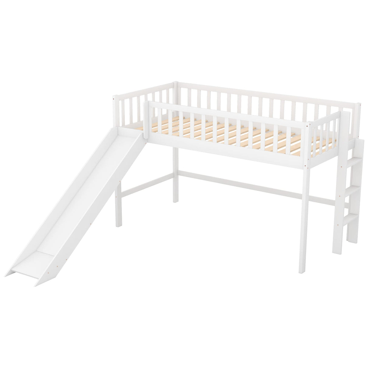 Merax Twin Size Junior Wood Loft Bed with Slide Loft Bunk Bed for Girls Boys,No Box Spring Needed,White Merax