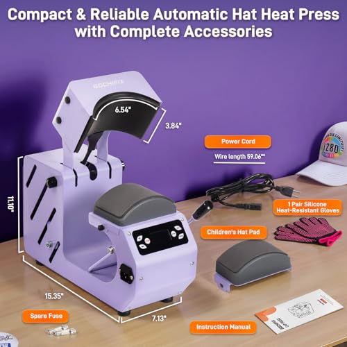 GOCHIFIX Auto Hat Heat Press Machine, Automatic Open/Release, 4 Memory Modes, Precise Temp/Timer Control, 6.54"x3.84"Curved Heat Plate, Hat Stretcher, for Caps, Sublimation, Vinyl, Heat Transfer GOCHIFIX
