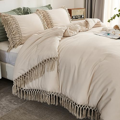 Andency Comforter Queen Size Set Beige, 3 Pieces Tassel Boho Lightweight Winter Bedding Comforters & Sets, All Season Bed Set (90x90In Comforter & 2 Pillowcases) Andency