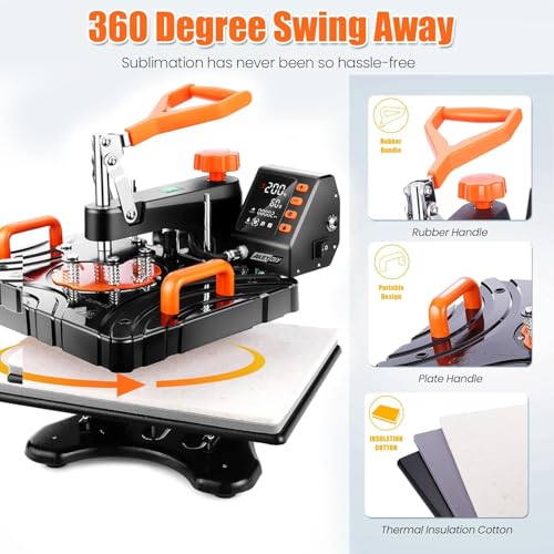 AKEYDIY Upgraded 8 in 1 Heat Press Machine for Tshirts 12''X15'' 360° Swing Away Shirt Press Machine for Sublimation Multifunctional Heat Transfer Machine Combo for DIY T-Shirts Cap & Mugs AKEYDIY