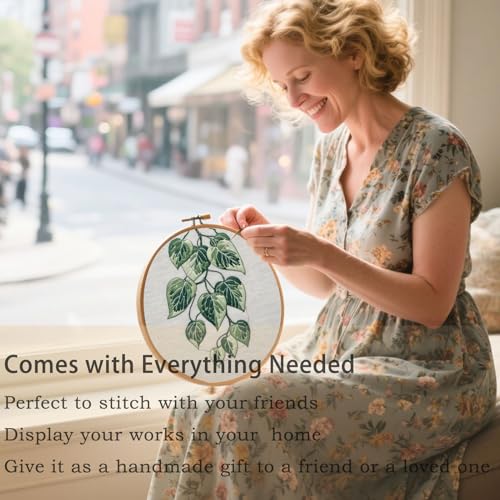 FONNUY Green Plants Embroidery Kit, Cross Stitch Kits for Beginners, Handmade Crafts with Printed Patterns for Beginner Adults, Easy to Follow Color Thread Needlework, 8'' Hoop (Drooping Leaves)