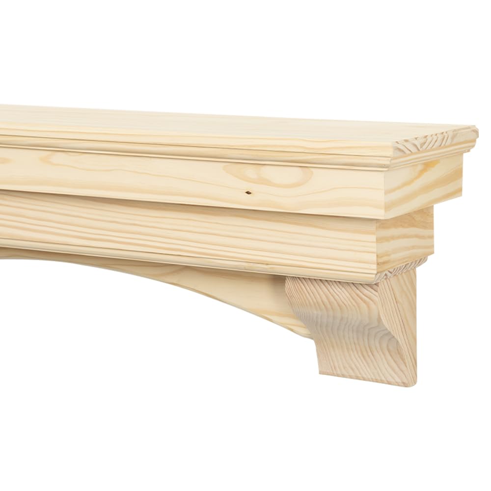 MANTELSDIRECT Mantels Direct Salem Wood Mantel Shelf with Arched Corbels - Unfinished 72 Inch | Wooden Rustic Wall Mounted Shelf from Pine Wood - Perfect for Fireplaces, TVs & Décor MANTELSDIRECT
