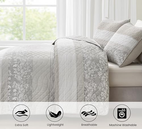 Chezmoi Collection Robyn 3-Piece Neutral Taupe Gray White Floral Hibiscus Flower Patchwork Striped Quilt Set - Pre-Washed Cotton Coverlet - Lightweight Reversible Bedspread, Queen Size Chezmoi Collection