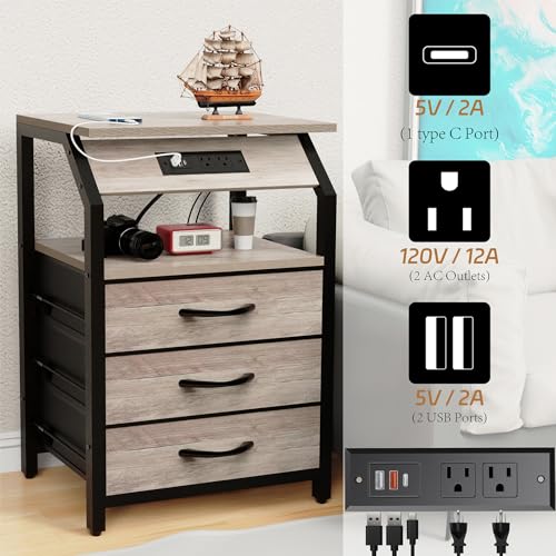 SZLHANJZ Night Stand Set of 2, Nightstands with Charger Station and LED Lights, End Tables Set with 3 Fabric Drawers, Storage Side Tables for Bedside, Living Room, Greige SZLHANJZ