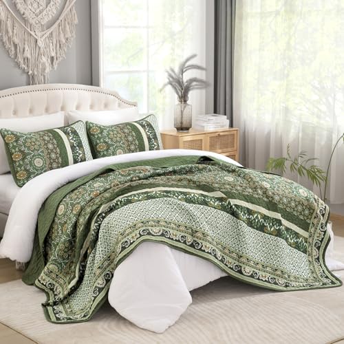 Yiran King Size Quilt, Olive Green Spring Summer Bedspread Bedding Set, 3 Pieces Bohemia Coverlet with 2 Pillow Shams for All Season 110x90 Inch