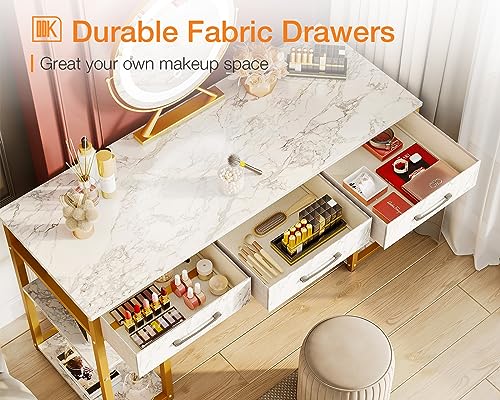 ODK Vanity Desk with Fabric Drawers & Storage Shelves, Makeup Dressing Table, Home Office Desks for Bedroom, Modern Writing Desk,White Marble and Gold Leg, 48"x16" (No Mirror) ODK