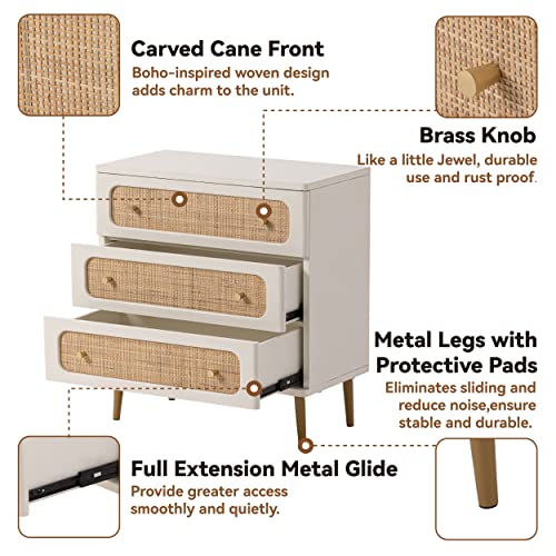 LONYKE Wicker Rattan Chest of Drawers, 3-Drawer Dresser, White Finish Wooden Storage Cabinet, Modern Farmhouse Accent Table, Boho Mid-Century Coastal Sideboard LONYKE