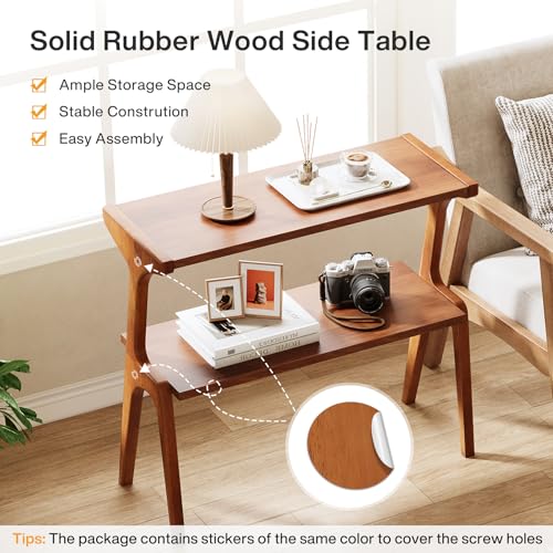 Tribesigns Solid Wood End Table, Modern Side Table for Couch, 2-Tier Narrow Tall End Table, Long Bedside Table for Living Room, Bedroom, Walnut Tribesigns