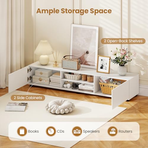 Tangkula Modern TV Stand for up to 70” TVs, 63”L Minimalist Entertainment Center w/ 2 Doors & Open Shelves, Media Console Table Storage Cabinet with 6 Support Feet for Living Room (White, 63”L) Tangkula