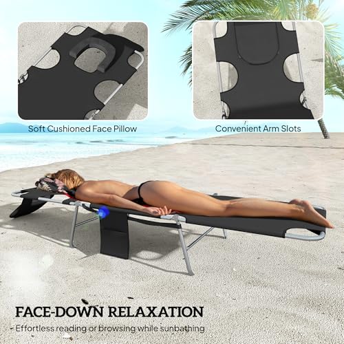 Outsunny Chaise Lounge Chair Outdoor Set of 2 with Face Arm Hole, 5-Position Reclining Face Down Tanning Chair with Carry Strap, Side Pocket, Portable Folding Bed Cot for Patio Beach Pool, Black