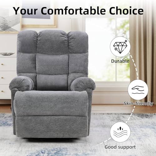 CANMOV Swivel Rocker Recliner for Adults,Glider Rocking Reclining Chair for Nursery,Manual Recliner Chair with Overstuffed Back and Arms for Living Room Bedroom Nursery,Grey