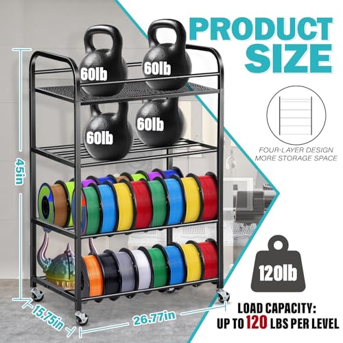 Filament Rack 3D Printer Filament Storage Rack 4-layer Large Capacity Adjustable Filament Spool Holder Printer Stand with Rolling Wheels Heavy-duty Metal Frame for PLA TPU Filament Holder for Studio Bhyhok
