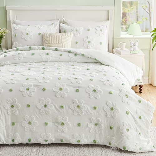 VIVILINEN Twin Comforter Set for Girls 2 Pieces Green Floral Twin Size Bedding Set Cute Comforter with Tufted Daisies Flowers, Lightweight Bed Set for Kids Teen Girls Women VIVILINEN