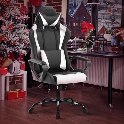 Gaming Chair Office Chair High-Back Ergonomic Video Game Chairs for Kids Teen Adult Height Adjustable Reclining Computer Chair with Lumbar Support Armrest Headrest Game Chair - White BSTOPHKL