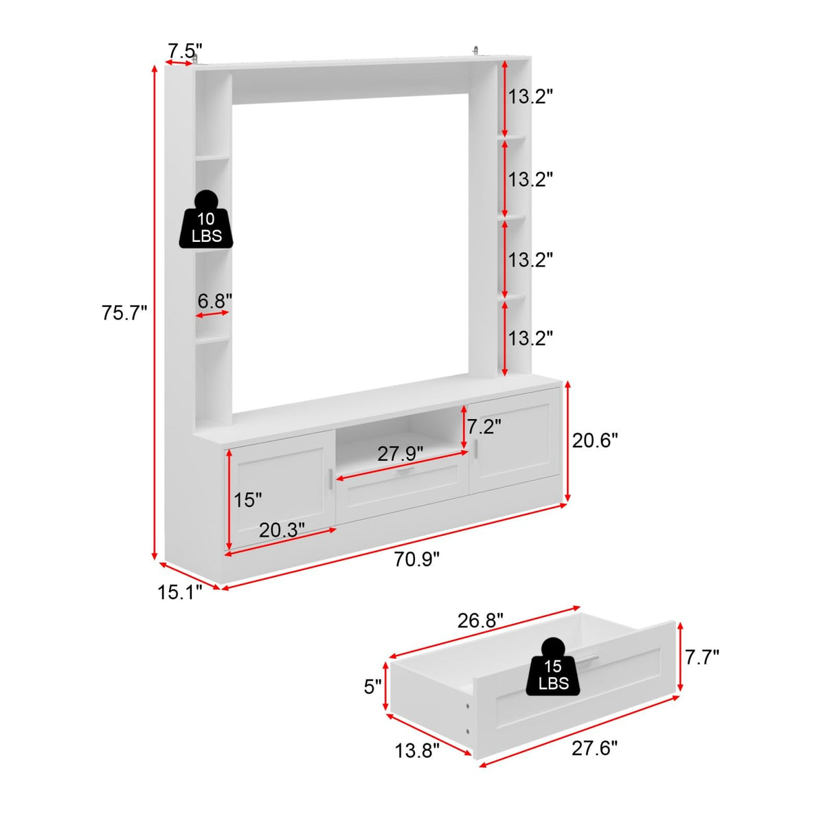 MOUMON Large Entertainment Center with Bookshelf, Wall Units with Doors and Drawer, TV Stand Media Console with Open Shelves for Living Room, White, 15.1”D x 70.9”W x 75.7”H MOUMON