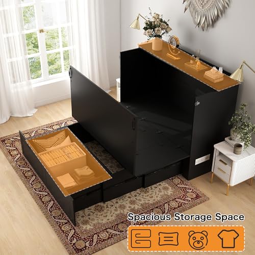 Mhsatyrs Murphy Bed Full Size: Black 2 in 1 Murphy Bed Cabinet with Drawer, Wood Cabinet Bed with Charging Station, Modern Hidden Beds for Small Spaces Mhsatyrs