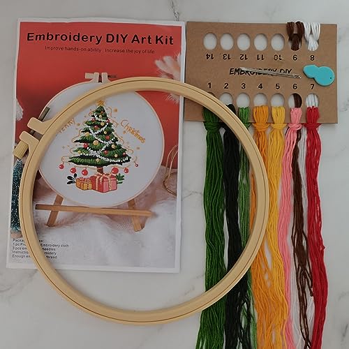 Esffaci Embroidery Starter Kit for Adult Beginner with Xmas Tree Pattern Stamped Cross Stitch Set with Embroidery Cloth Hoop Needle Threader Embroidery Floss and Instruction