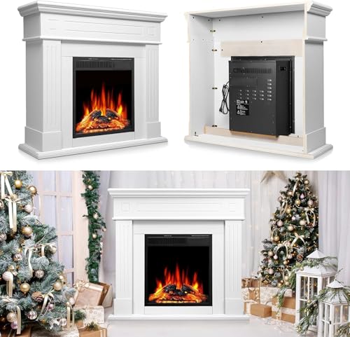 43 Inch Fireplace TV Stand with Mantel - Electric Fireplace Heater, Wooden Entertainment Center, Adjustable LED Flame, Freestanding (750W/1500W),Cream ZAFRO