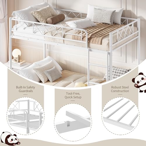 Garvee Twin Over Twin Bunk Bed with Stairs, Heavy Duty Metal Construction & High Guardrail, Sturdy Steel Slats Support, No Box Spring, Space Efficient, White Garvee